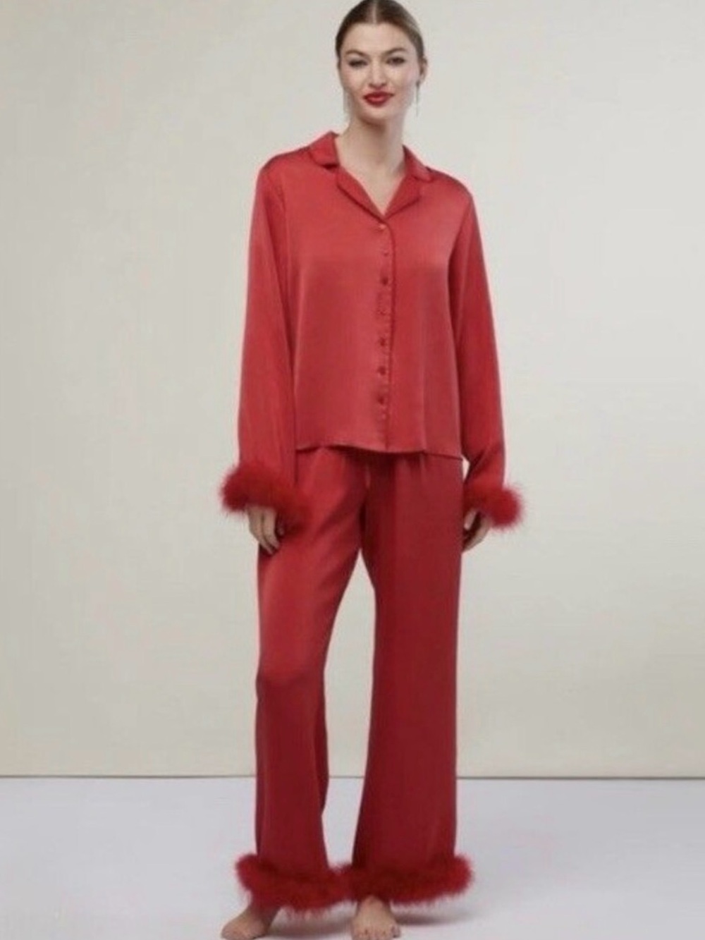 Red Satin Feather Trimmed Pajama Lounge Set